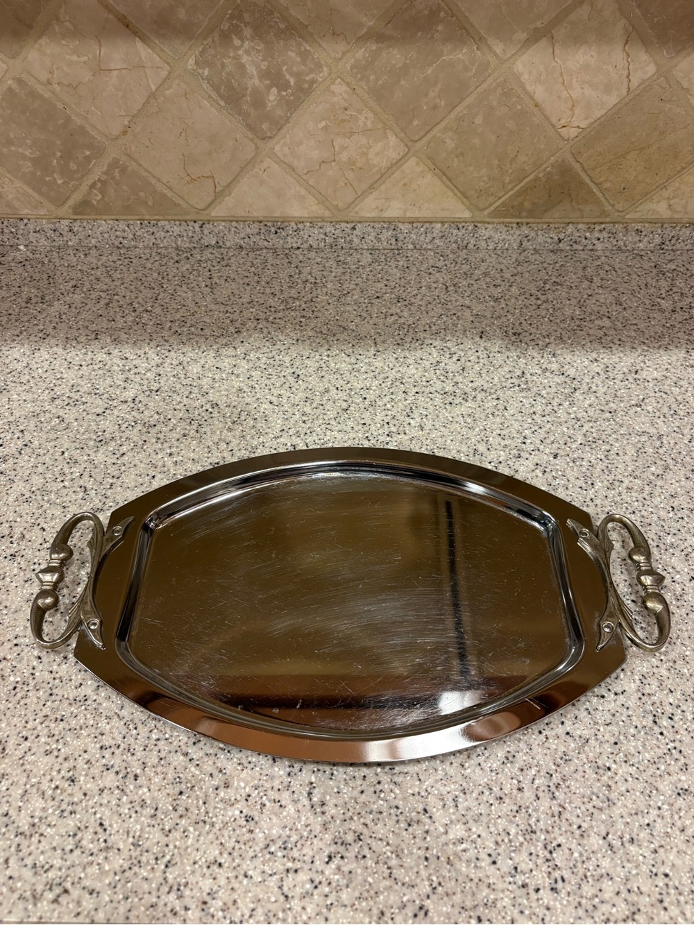 Vintage Kromex chrome oval serving tray distinctive ornate scroll handles